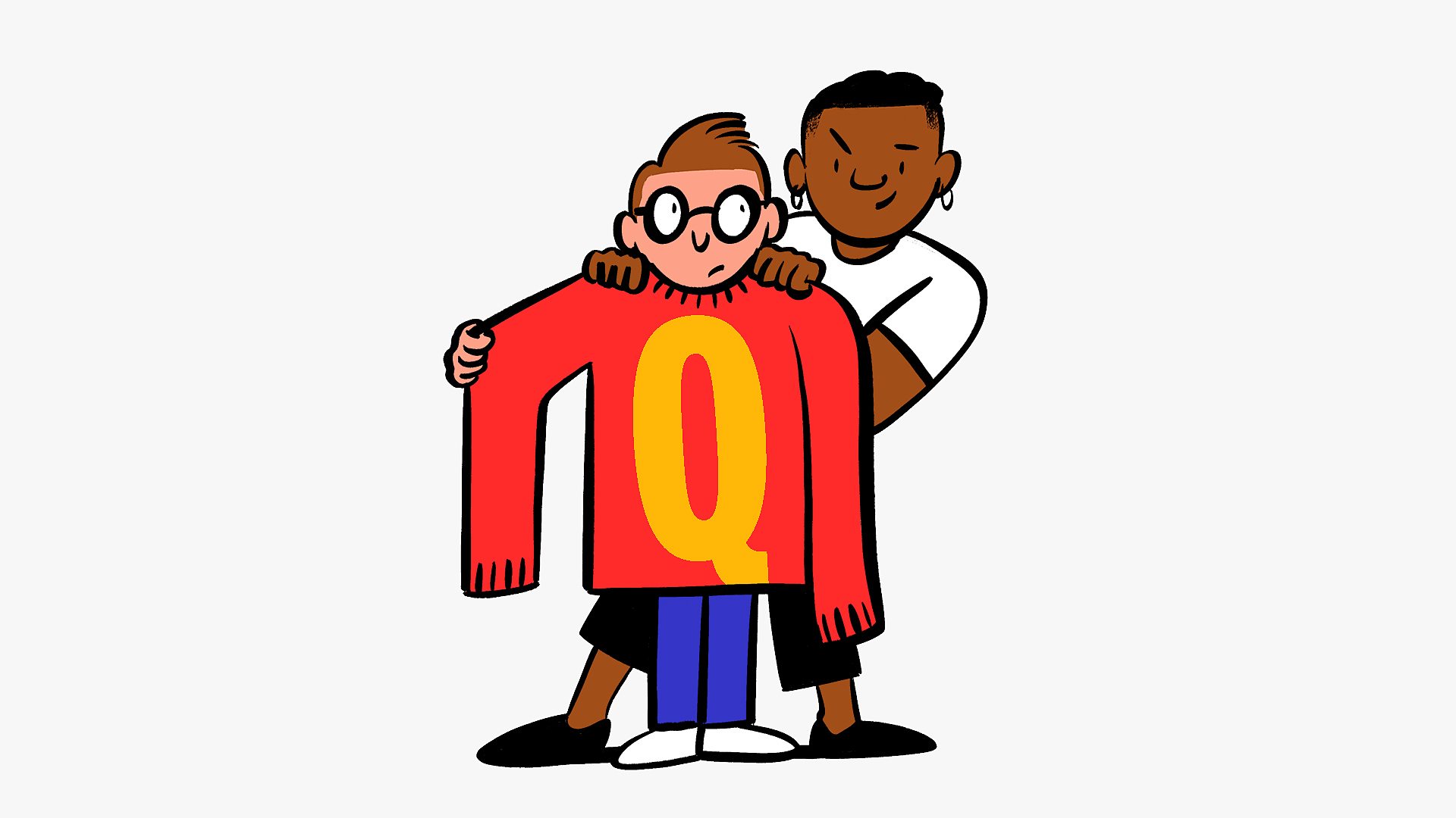 An illustration of one man choosing another man's outfit