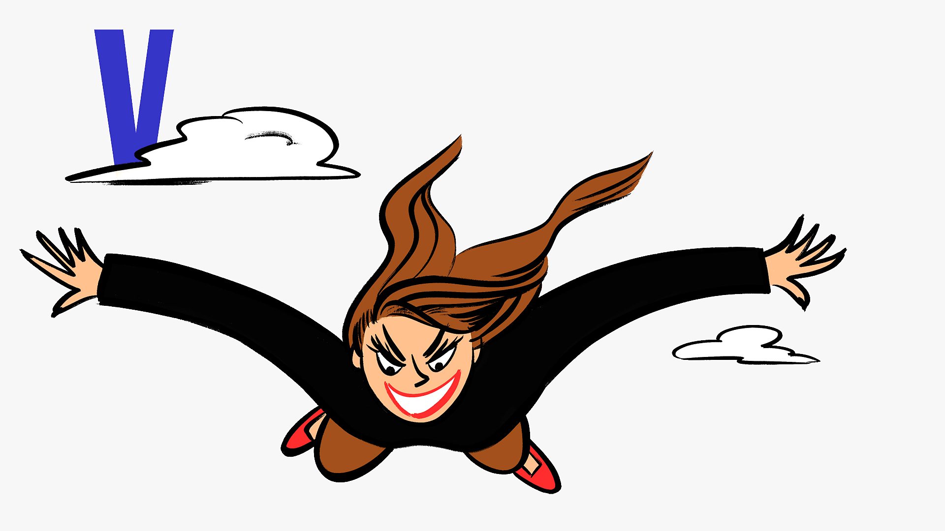 An illustration of a woman swooping down from the sky like a bird