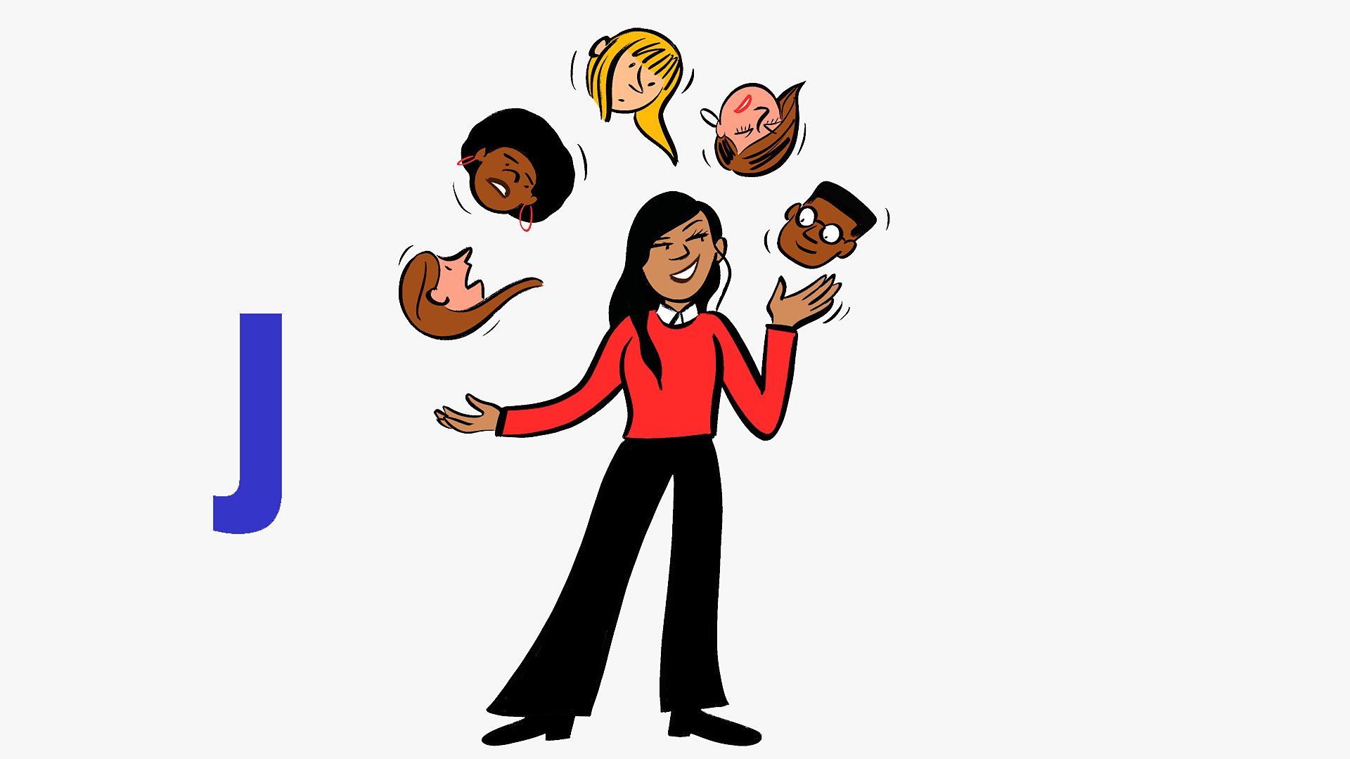 An illustration of a woman juggling the heads of multiple partners