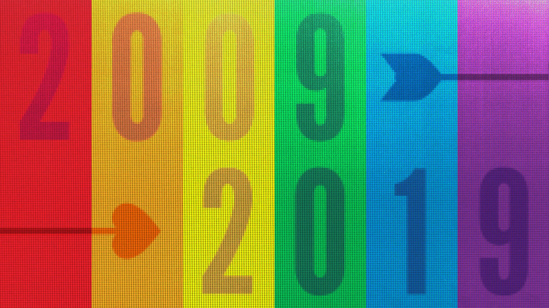 LGBTQ+ rainbow flag with dates 2009-2019 connected by a heart-shaped arrow