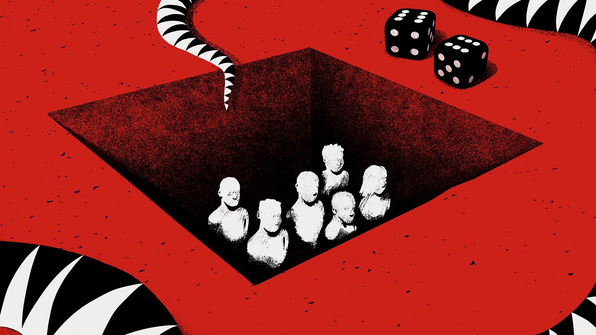 An illustration of a group of people in a pit having lost a game of snakes and ladders