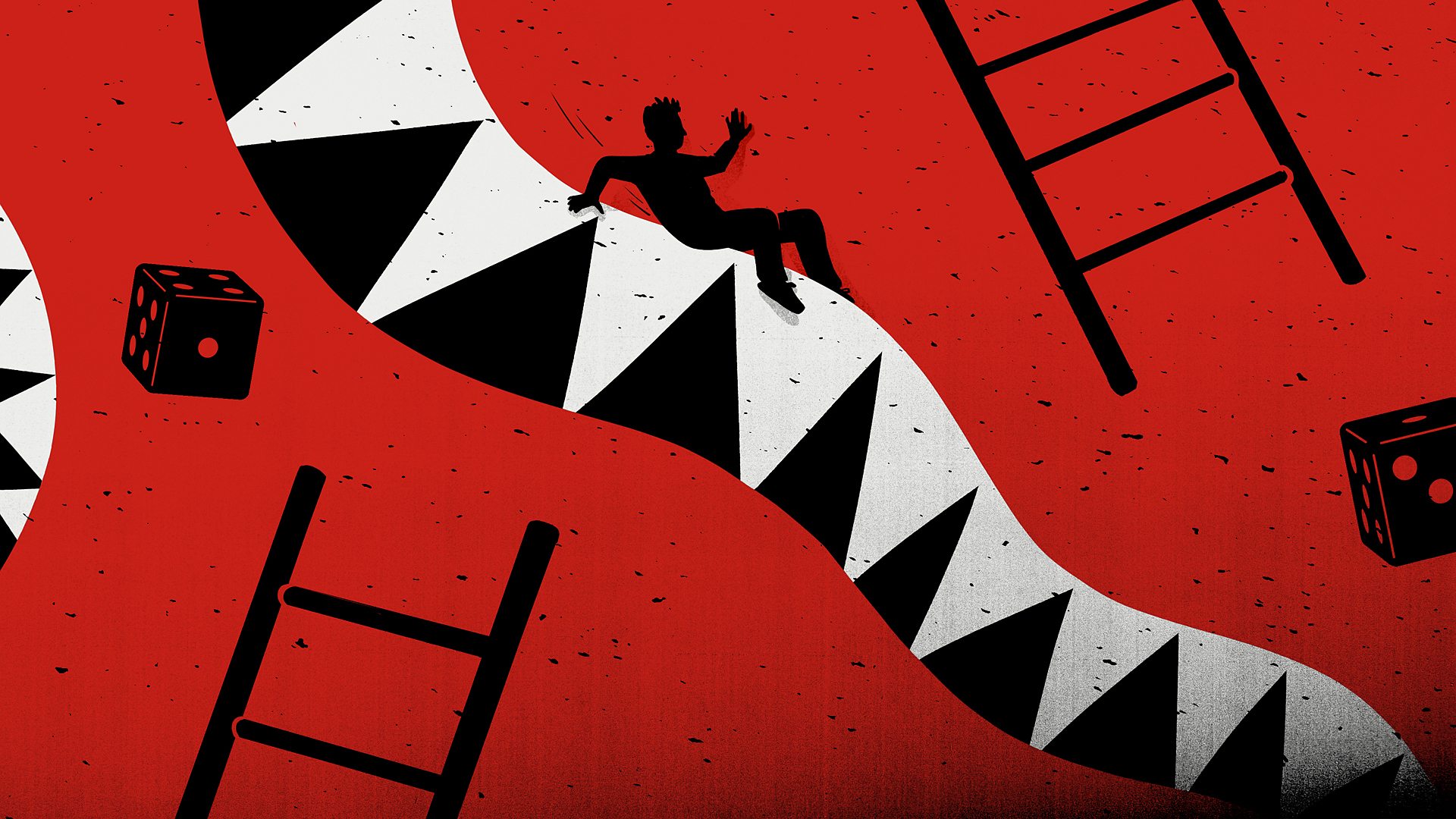 An illustration of a figure on a large board of snakes and ladders