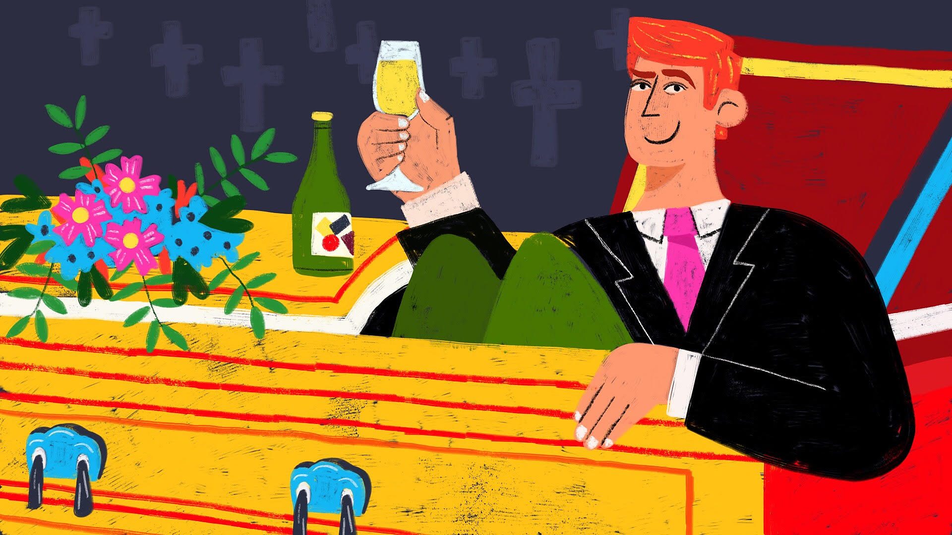 An illustration of a man in a coffin, raising a glass to toast his own funeral