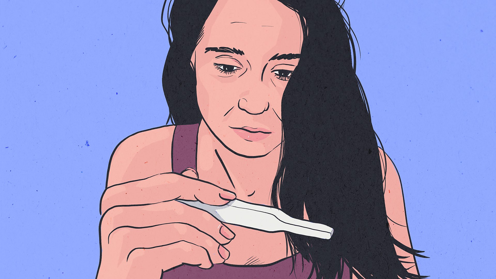 An illustration of a woman staring at a pregnancy test she is holding