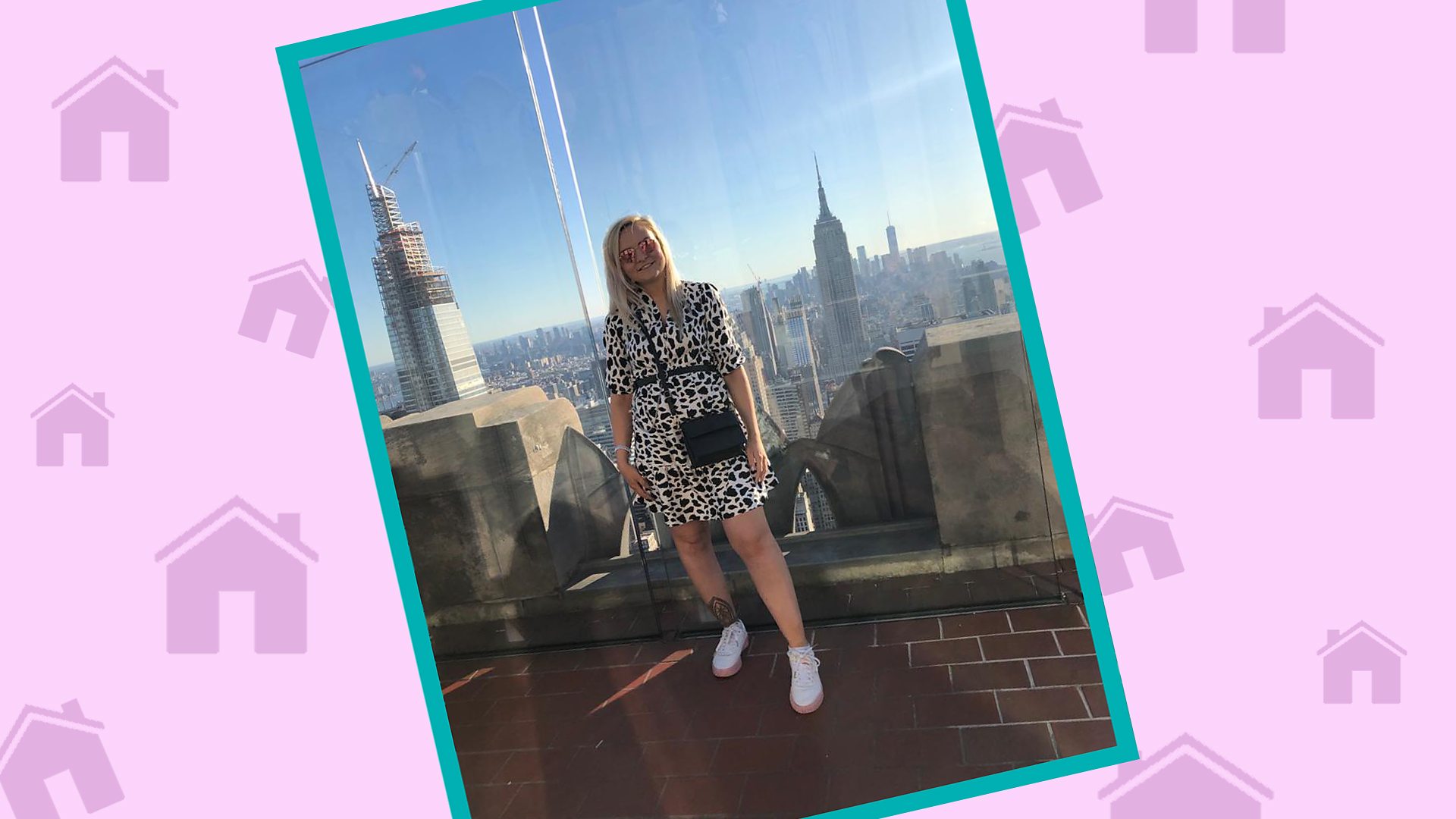 Emma Lumley poses in front of a city skyline