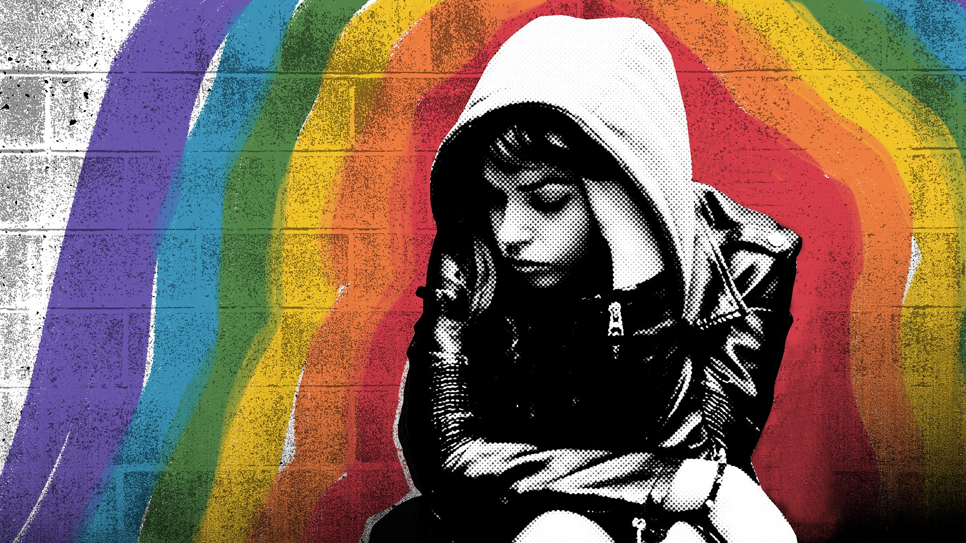 Illustration of a homeless person with LGBT+ flag behind