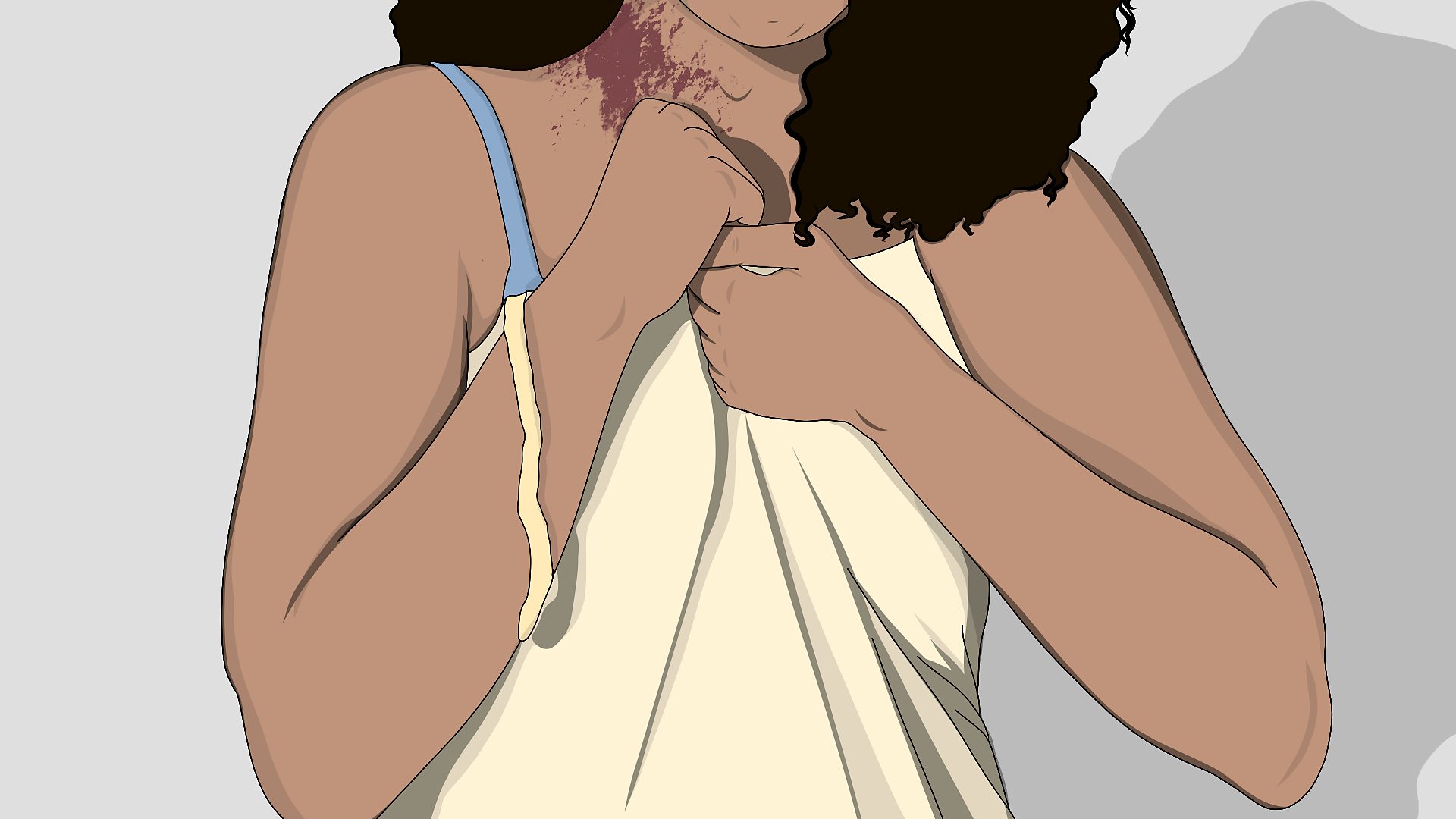 Illustration of a women with bruises, crying with a broken strap