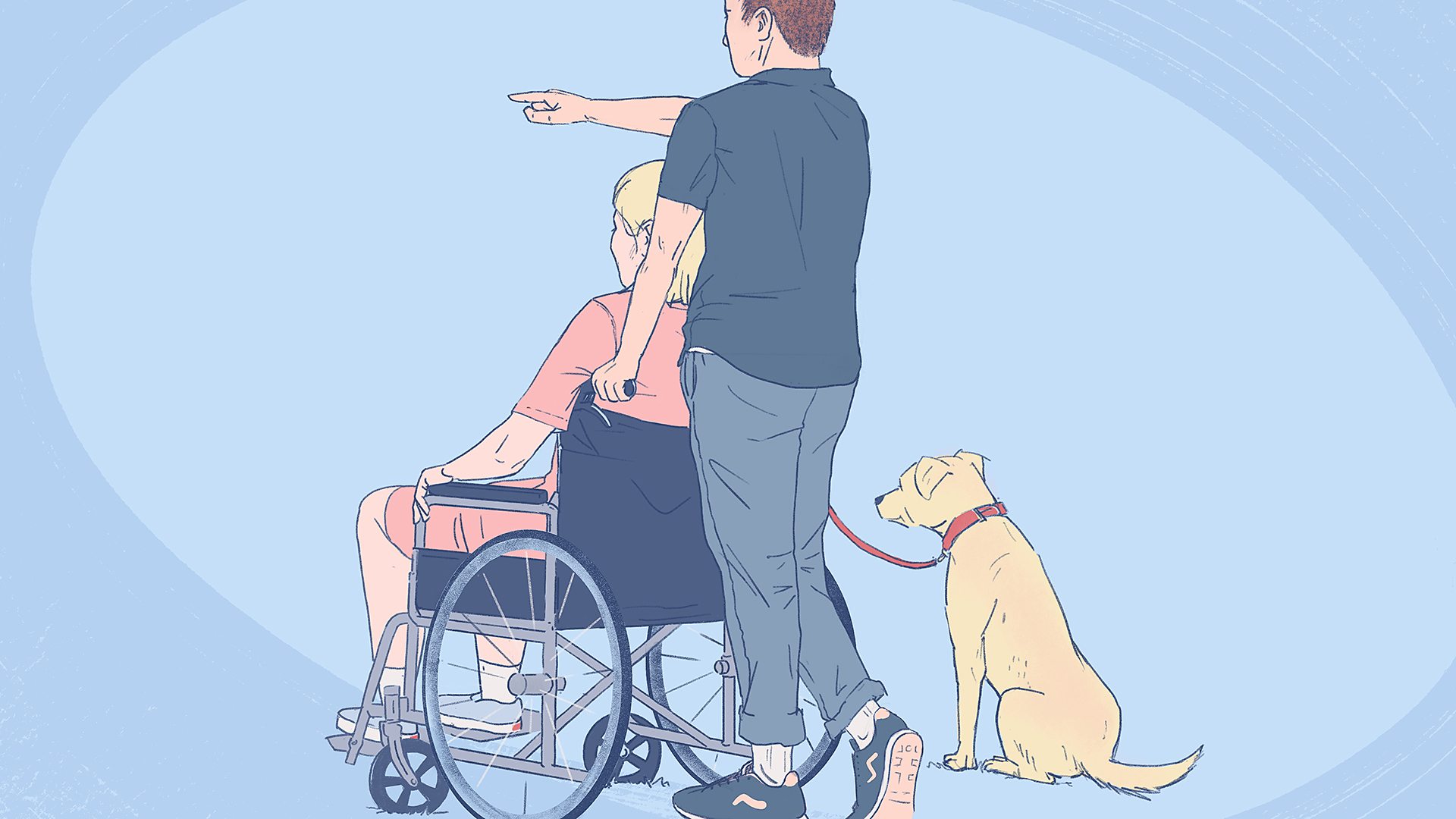 Illustration of a couple and their pet dog, with one of the couple in a wheelchair