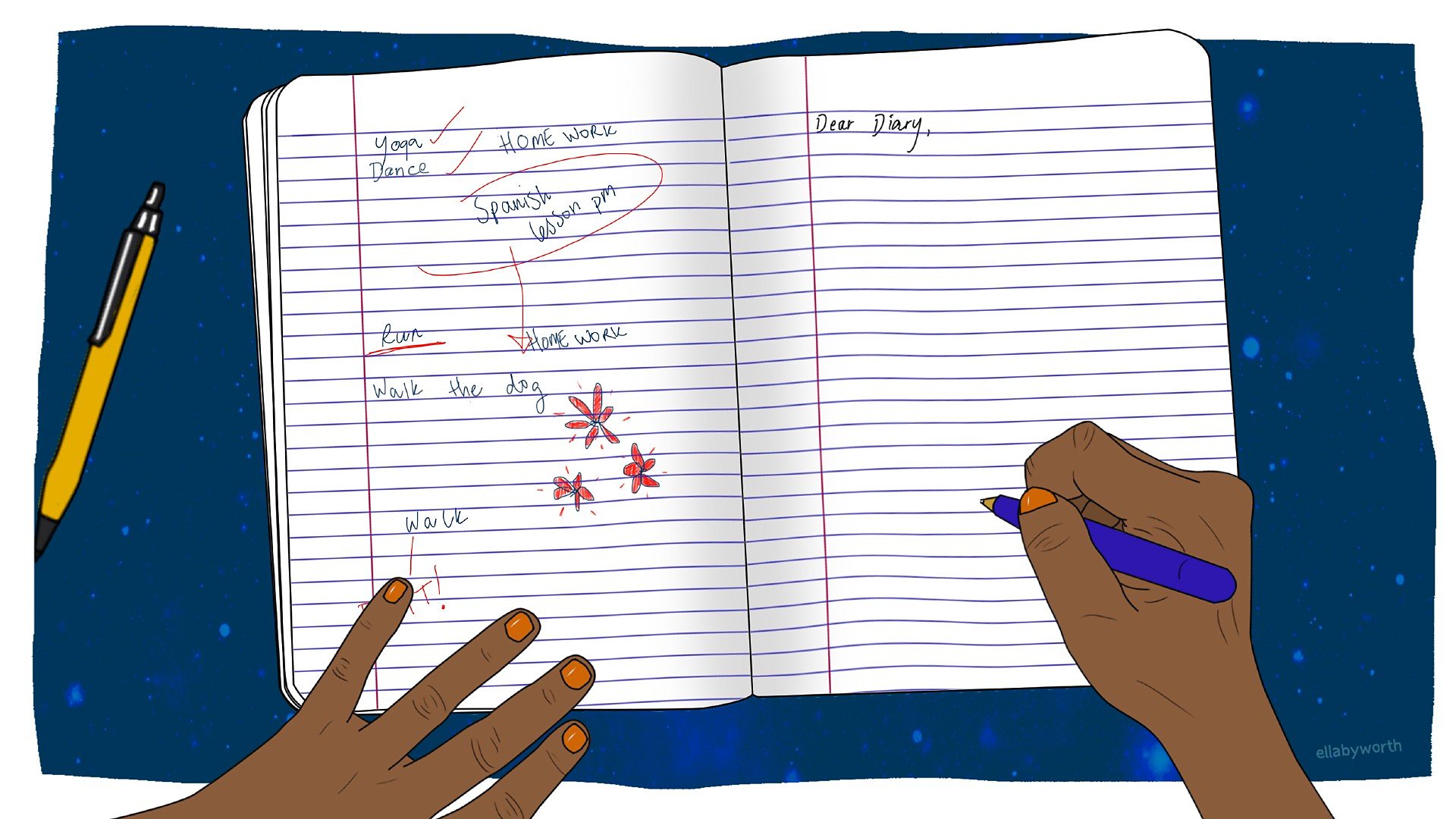 An illustration of hands writing in an diary