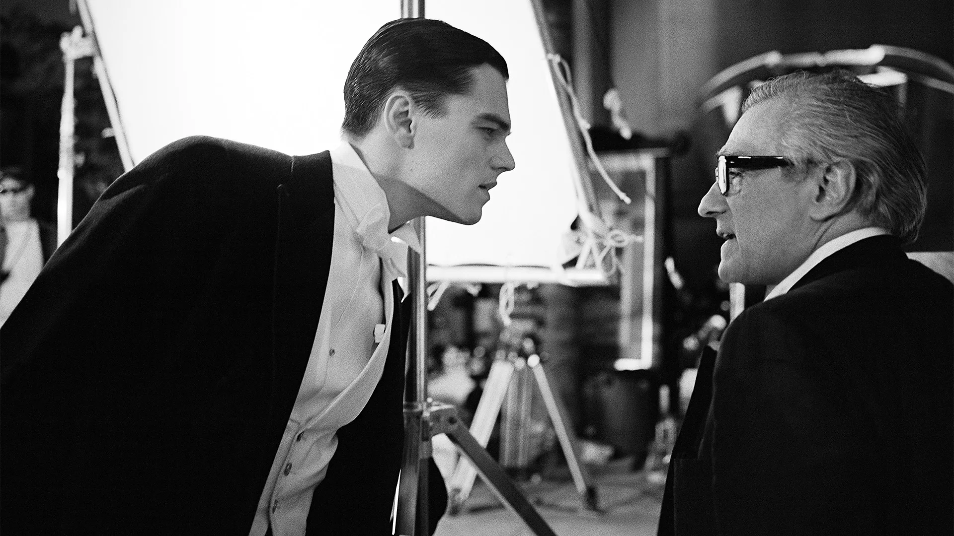 Scorsese with star Leonardo DiCaprio on the set of The Aviator (2004) (Credit: Apple TV+)