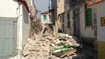 Quake rubble in the streets of Lesbos village