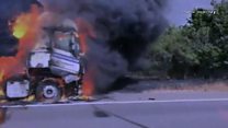 Lorry engulfed in flames on motorway