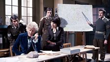 Sergeant Benton, the Doctor, Captain Yates, Sarah Jane Smith and the Brigadier