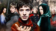 Gwen, Prince Arthur, Merlin, King Uther, Morgana and Gaius