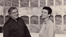 The composer Luciano Berio with his wife Talia Pecker Berio in front of the "wall" of the Felsenreitschule