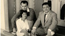 Luigi Nono, Nuria Schoenberg and Bruno Maderna in Darmstadt 1955