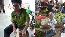 Prasantha Rupathilaka playing the udakkiya and market scene