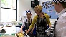 Lucy Worsley with pupils from Ermysted's Grammar School making 'Stargazy Pie'