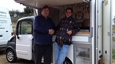 Charles Campion and Valentine Warner outside the famous Pudding Stop van