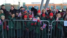 Children from The Peterborough School getting excited before the Duke and Duchess arrive.