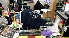 Greg James' desk, complete with The Hangover Hoodie