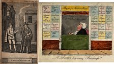 Pic1: A young man buying a potion (to induce falling in love?) Pic 2:Quack doctor open for business. Coloured etching by G.M.