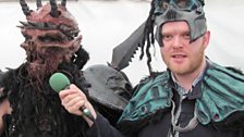 Oderus from GWAR helps Huw get all dressed up for when he introduces Bowling For Soup on the Main Stage later