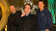 Chris and Dave pose for a pic with a Cyberman and the genius writer of Doctor Who, Russell T Davies...