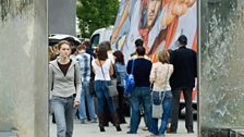 Listeners queue at the waterfront for some T-shirt fun