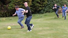 Dave and Dom challenge the engineers to a game of footie