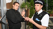 Scott does handcuff practice with Hollyoaks bad boy Warren, played by Jamie Lomas...