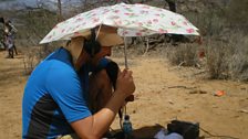 Scott talks to Chris Moyles under a lovely umbrella