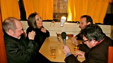 Mark Radcliffe interviews Jayne Casey and Pete Wylie. Producer Bob Dickinson is in the foreground, microphone at the ready!