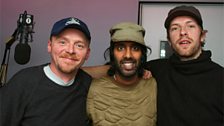 EVENT RADIO! L to R - Simon Pegg, Nihal and Chris Martin