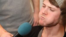 Dougie from McFly has a mouthful of marshmallows