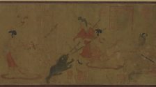 One of the emperor's wives steps forward to protect him from a bear. Another flees