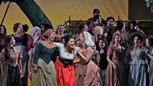 Anna Netrebko (centre) as Adina in Donizetti’s “L’Elisir d’Amore.”