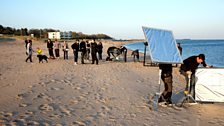 The crew set up to film the title sequence on the beach at the Broughy Ferry Esplanade