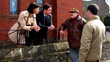 Rufus Jones, Pollyanna McIntosh, Brian Cox and Jonathan Watson chatting on set of episode 3 – Women & God