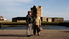 Brian Cox & Jonathan Watson in front of Broughty Castle