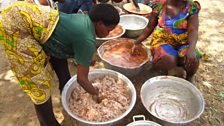 Women add water the ground Shea nuts