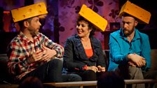 Dave Gorman, Ruby Wax and Alex Horne wear Wisconsin cheese hats