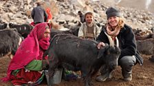 Kate Humble with one of the Wakhi women at milking time.