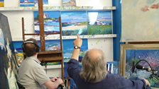 JoLoMo and his Iona paintings with Martin the sound engineer admiring