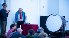 Alvin Lucier with his installation, Music for Pure Waves, Bass Drums and Acoustic Pendulums at the Tectonics Festival in Glasgow