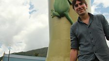 Simon with a giant wellington boot in Tully, Queensland Australia