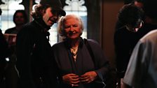 P.D James with Jonny Campbell behind the scenes on the set of Death in Holy Orders