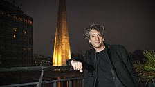 Neil Gaiman at ˿ Broadcasting House, overlooking All Souls Church