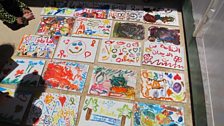 Children's paintings in one of the shelters