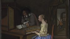 A Young Woman Playing A Harpsichord To A Young Man